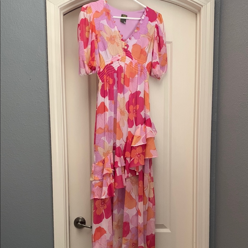 Taylor Asymmetrical Pink and Orange Puff Sleeve Sundress